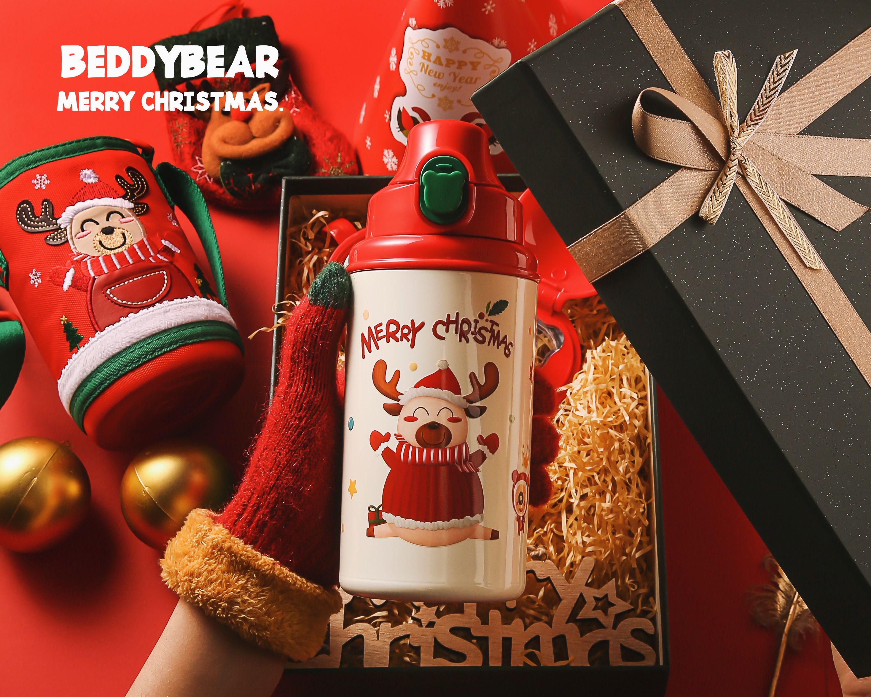 2020款圣诞杯具熊儿童吸管保温杯真空不锈钢便携水杯水壶 抱抱熊530ml